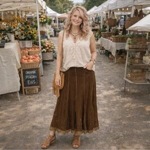Vintage 90s Orly Brown Corduroy Maxi Skirt with Beaded Lace Hem Size 6
